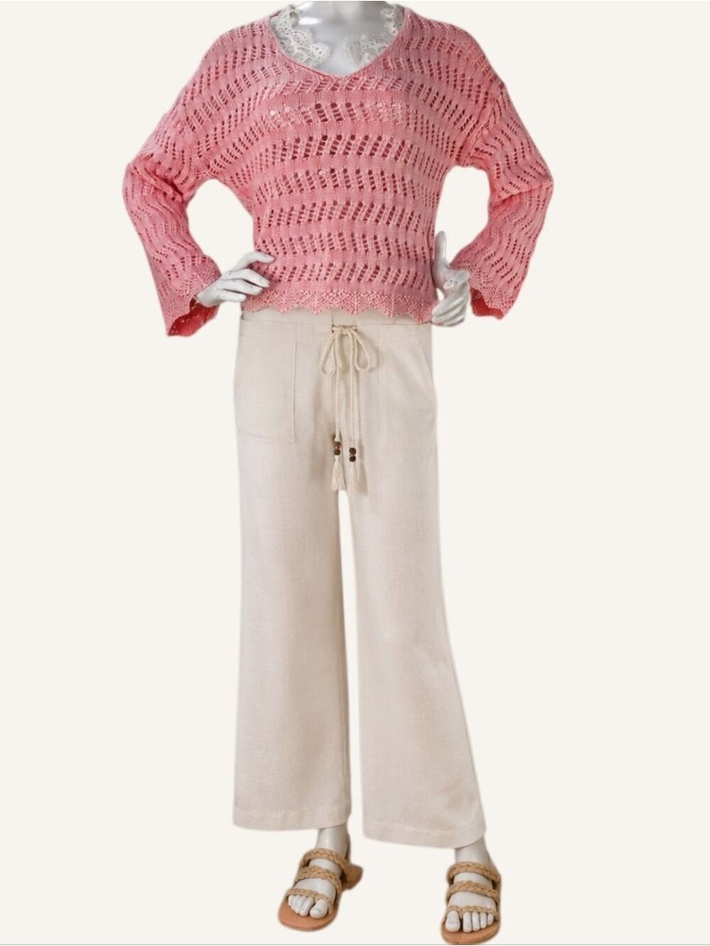 DEX Pink Crochet Knit Scallop Hem Sweater Coastal Chic Boho Small NWT